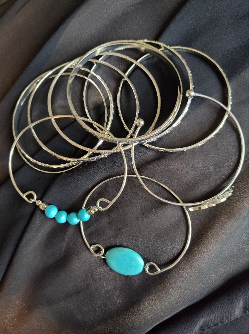 Silver Tone Stackable Bangle Set with Turquoise Bead Accents